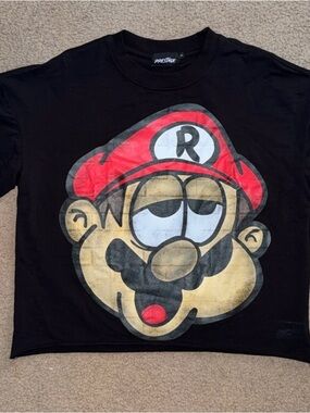 New Prestige Black Graphic Tee with Red Cap Mario Bro Cartoon Face